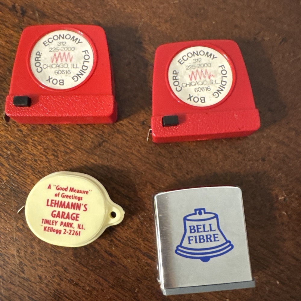 4 - Advertising Mini Tape Measure Lot, Zippo Bell Fibre, Chicago, Tinley Park Il